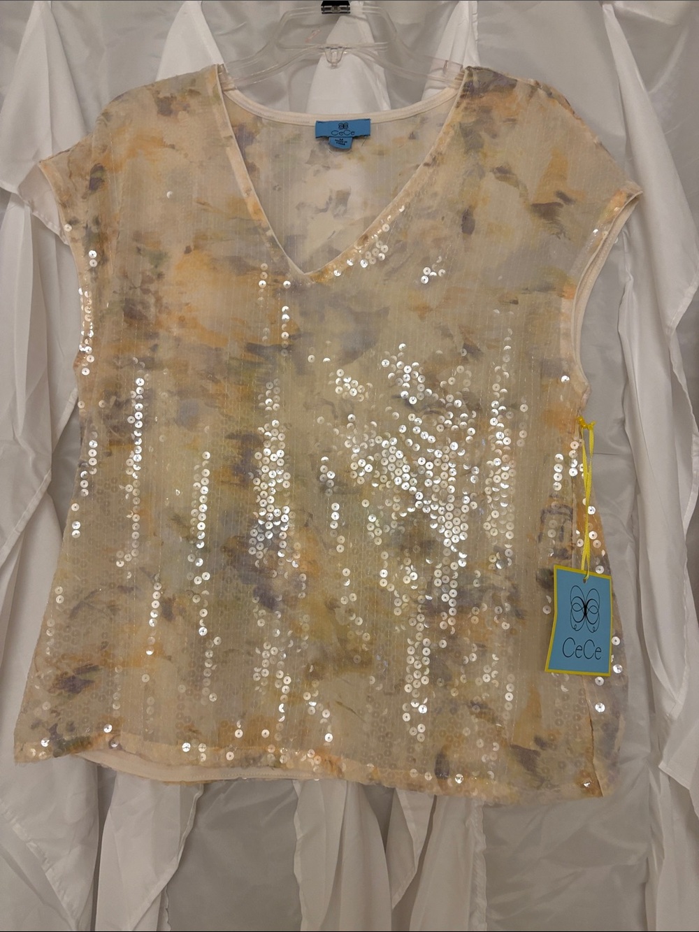 CeCe Pale Yellow Sequin V-Neck Camisole